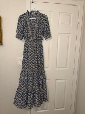 Max Studio Blue Floral Smocked Waist Maxi Dress